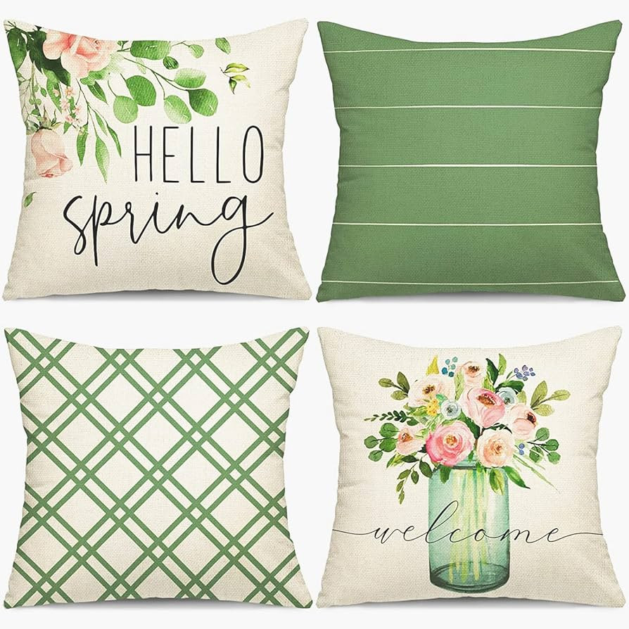 YGEOMER Spring Pillow Covers 18x18 Set of 4, Spring Summer Farmhouse Throw Pillow Cover Green Gar... | Amazon (US)