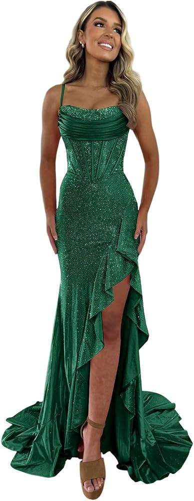 Wchecalino Sparkly Beaded Satin Mermaid Prom Dresses Long 2026 Spaghetti Straps Corset Ruffles Ev... | Amazon (US)