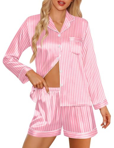 SWOMOG Womens 2 PCS Pajamas Set Silk Satin Long Sleeve Sleepwear Button Down Loungewear Pjs Nightwear Z - Pink Striped - 2 PCS XX-Large | Amazon (US)