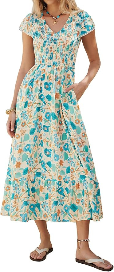 Kate Kasin Women Summer Floral Maxi Dress 2026, Casual Cap Sleeve Smocked Boho Dresses, Flowy Lon... | Amazon (US)