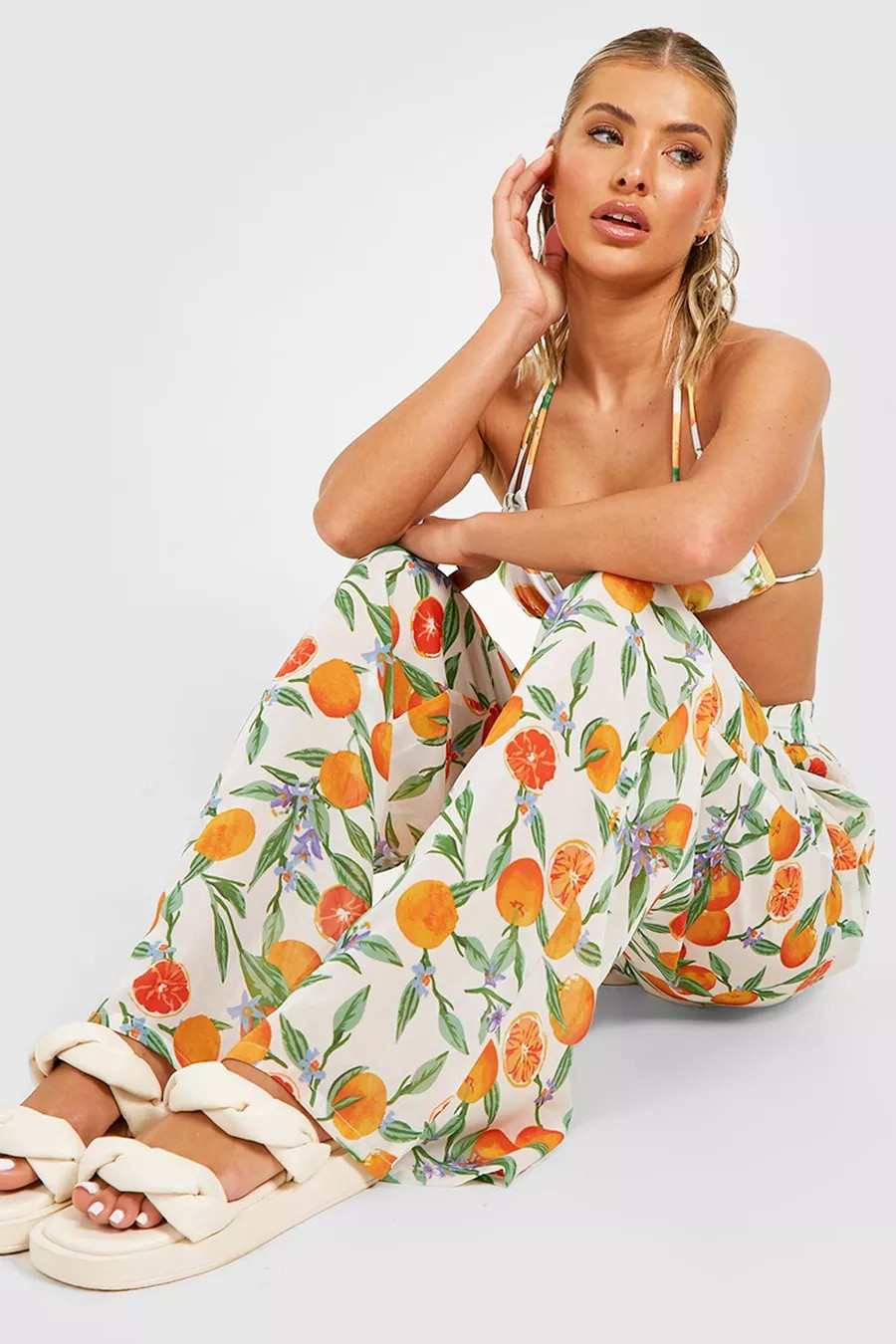 Orange Print Wide Leg Chiffon Beach Trouser | Boohoo.com (US & CA)