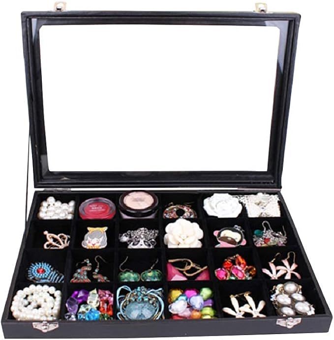TAPBULL Clear Lid 24 Grid Jewelry Box Case Organizer Showcase Stackable Display Jewelry Removable... | Amazon (US)