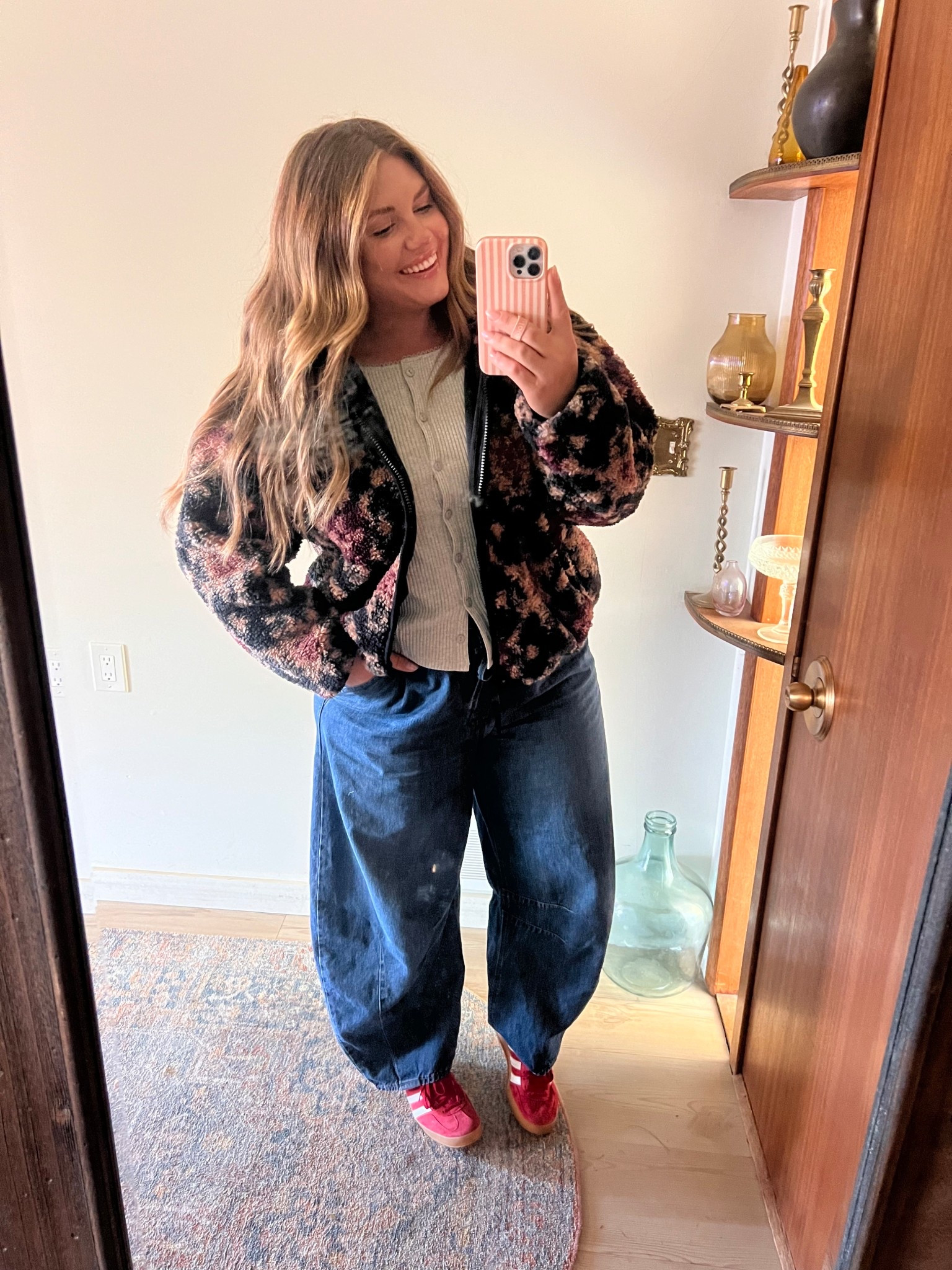 My go to fleece jacket this season! Crazy soft + I love the pattern and fit. I’m in an xl. Jeans are comfy + pull on. Tts. Sneakers are my most worn, love the pop of color, always! 

#LTKStyleTip #LTKMidsize #LTKShoeCrush