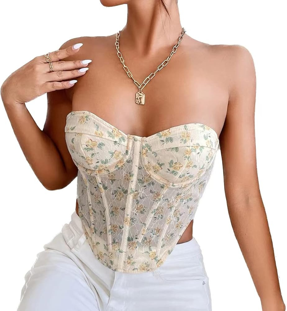 Women's Strapless Flloral Print Bustier Corset Top Asymmetrical Hem Crop Tops Boned Tube Top | Amazon (US)