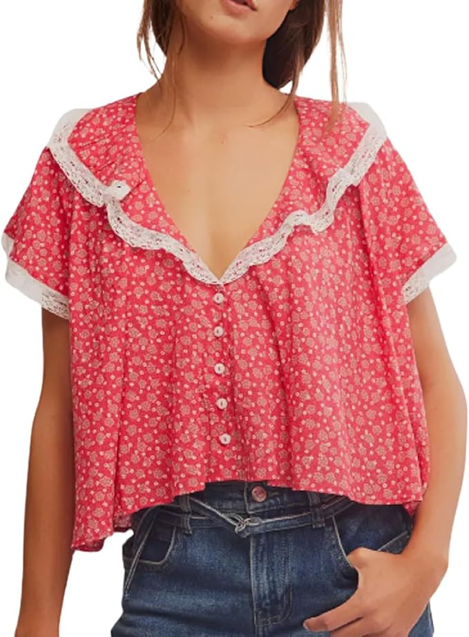 Women Boho Lace Trim Shirt Short Sleeve Button Down Ruffle Hem Blouse Y2K Sheer Going Out Tops Co... | Amazon (US)