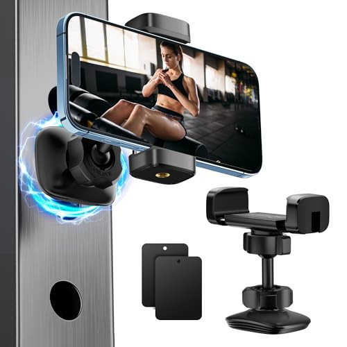gliship Gym Magnetic Phone Holder, Portable Magnetic Phone Holder Phone Mount Gym Essentials Accessories, 360° Adjustable Dual Ballhead Rotatable for Smartphones 4.7-7" with 2 Magnet Plates | Amazon (US)