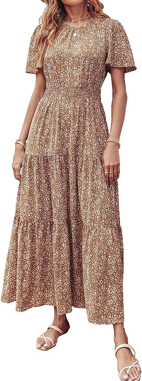 PRETTYGARDEN Women's Summer Casual Short Flutter Sleeve Round Neck Smocked Waist Tiered Boho Flor... | Amazon (US)