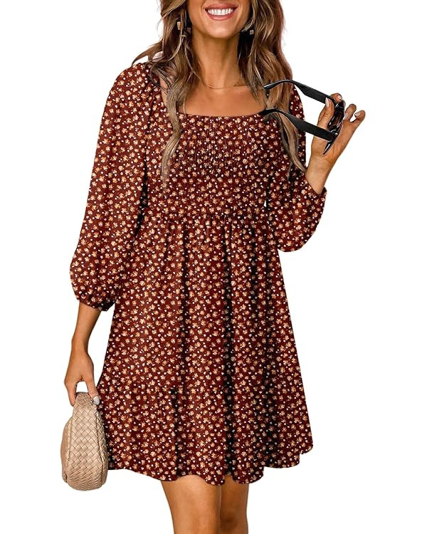 Dokotoo Womens Summer Fall Dresses 2024 Boho Floral Square Neck Smocked 3/4 Sleeve Casual A-Line ... | Amazon (US)