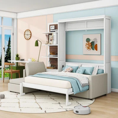 Queen Size Murphy Bed with Built-in Storage Shelves and Sofa | Wayfair North America