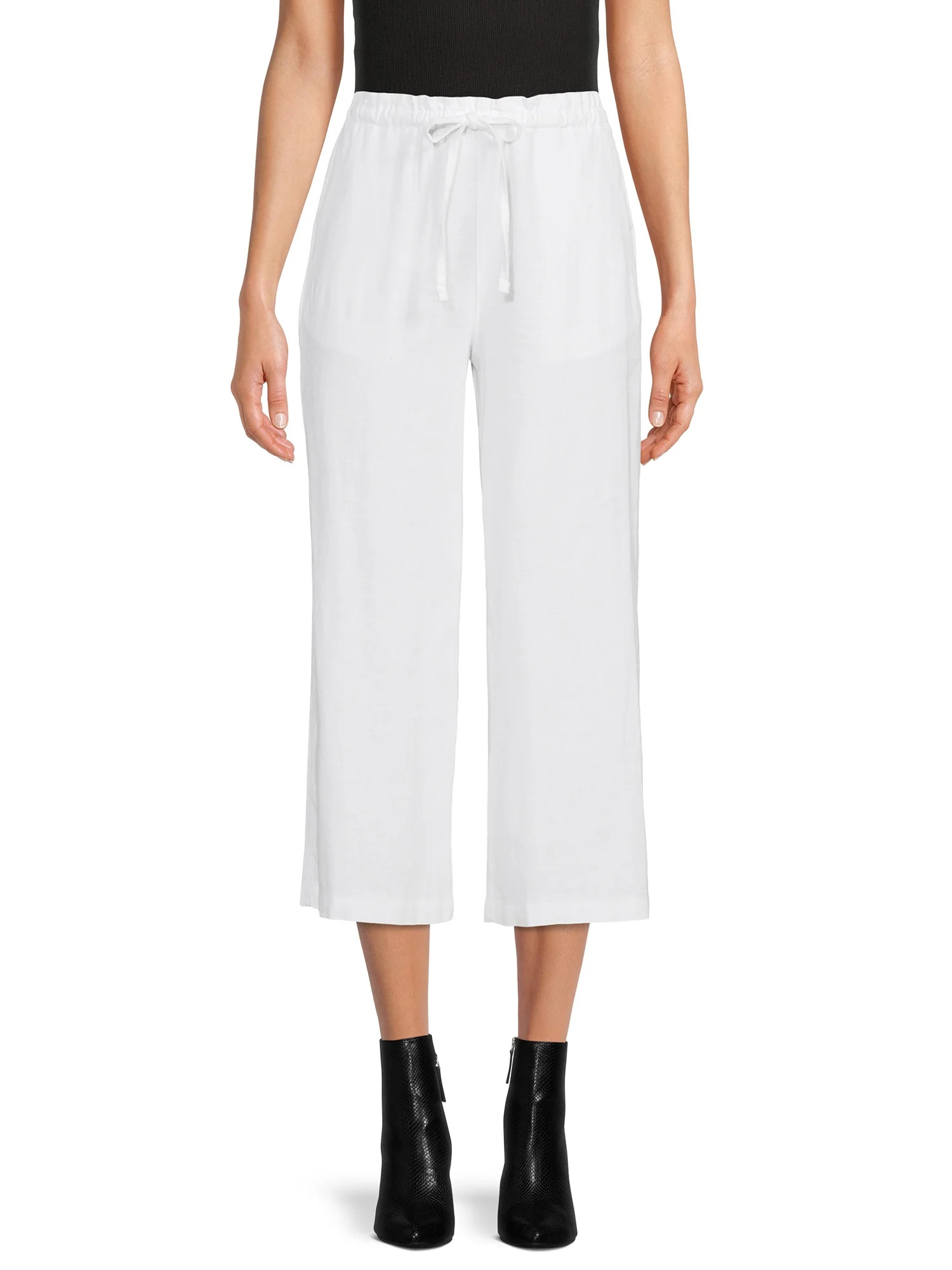 Time and Tru Women's High Rise Wide Leg Crop Linen Pants - Walmart.com | Walmart (US)