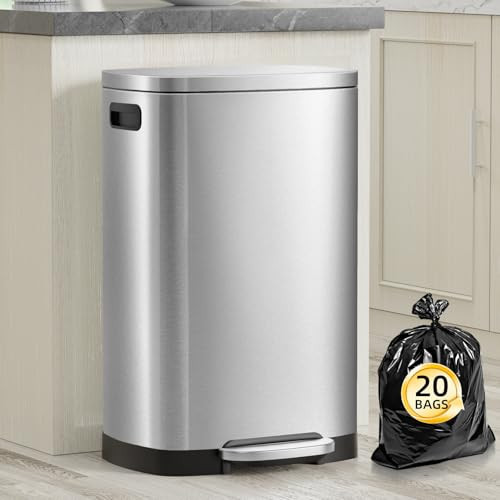 KdbK 13 Gallon Trash Can with Lid, 50L Fingerprint Proof Stainless Steel Kitchen Trash Can with Removable Inner Bucket and Lid Soft Close, Pedal Rubbish Bin for Home Office | Amazon (US)