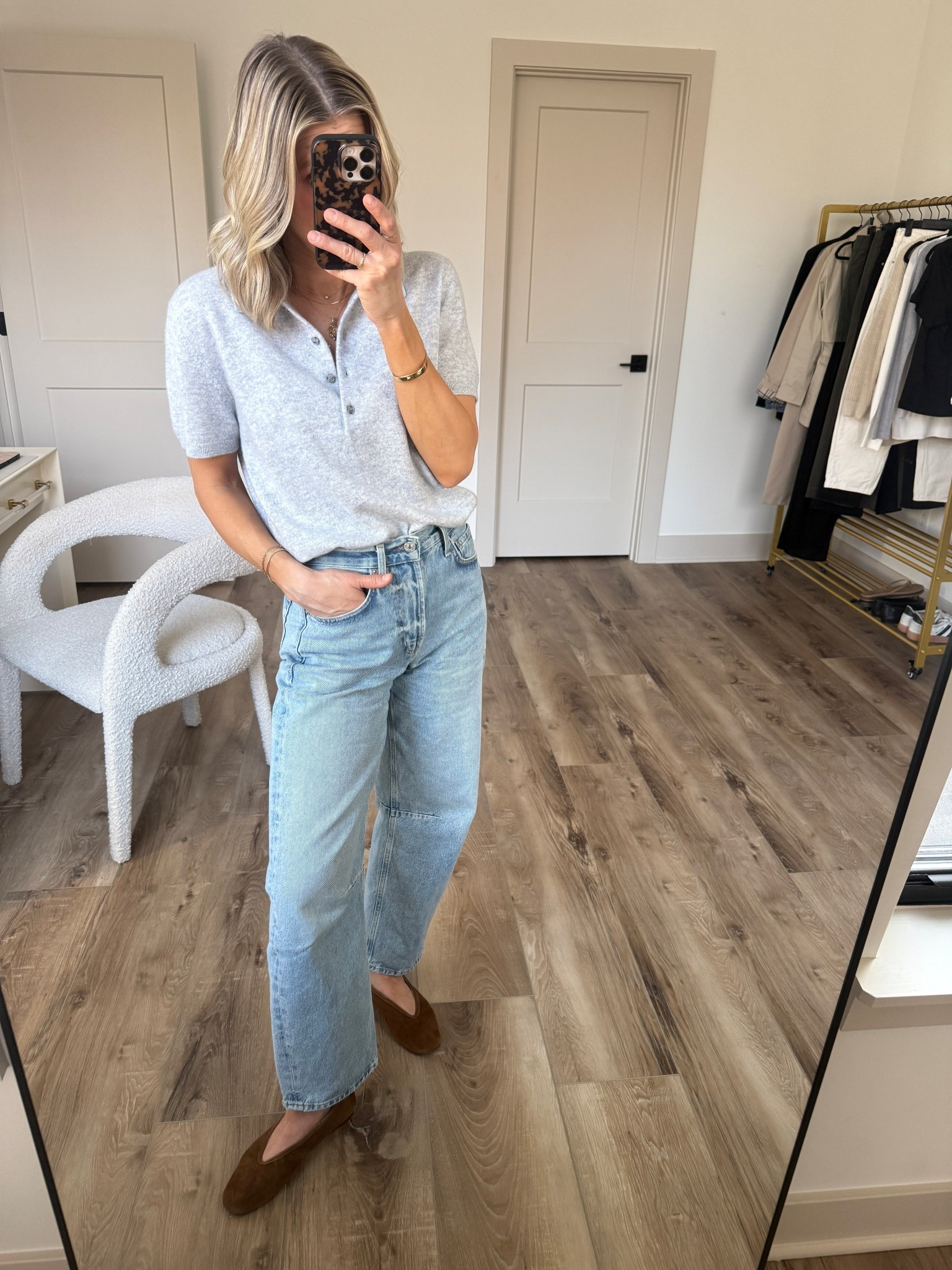 Wearing medium cashmere polo (sized up for more relaxed fit), 24 jeans (sized down for closer fit), flats tts 

#LTKgrwm #LTKOver40 #LTKootd