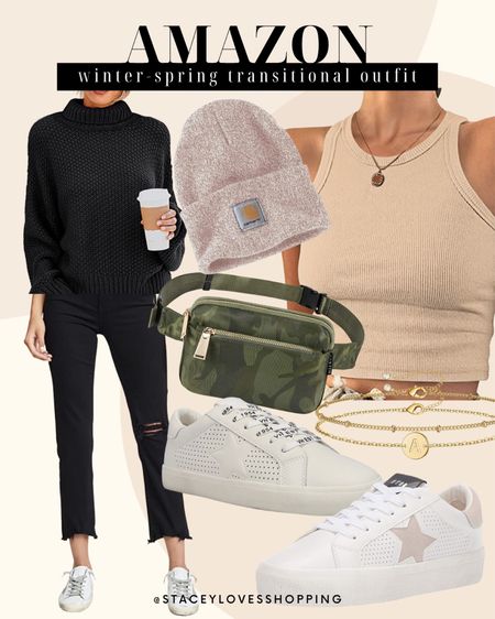 Amazon spring transitional outfit - black jeans (true to size), amazon sweater (Tts), amazon beanie, amazon tank, white sneakers, belt bag, lululemon dupe 

#LTKunder50 #LTKSeasonal #LTKstyletip
