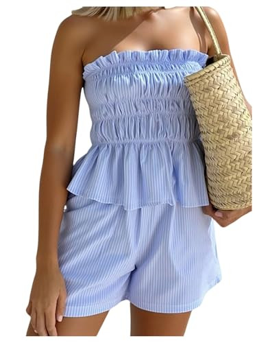SOLY HUX Women's 2 Piece Summer Vacation Outfits Striped Shirred Ruffle Strapless Bandeau Tops an... | Amazon (US)