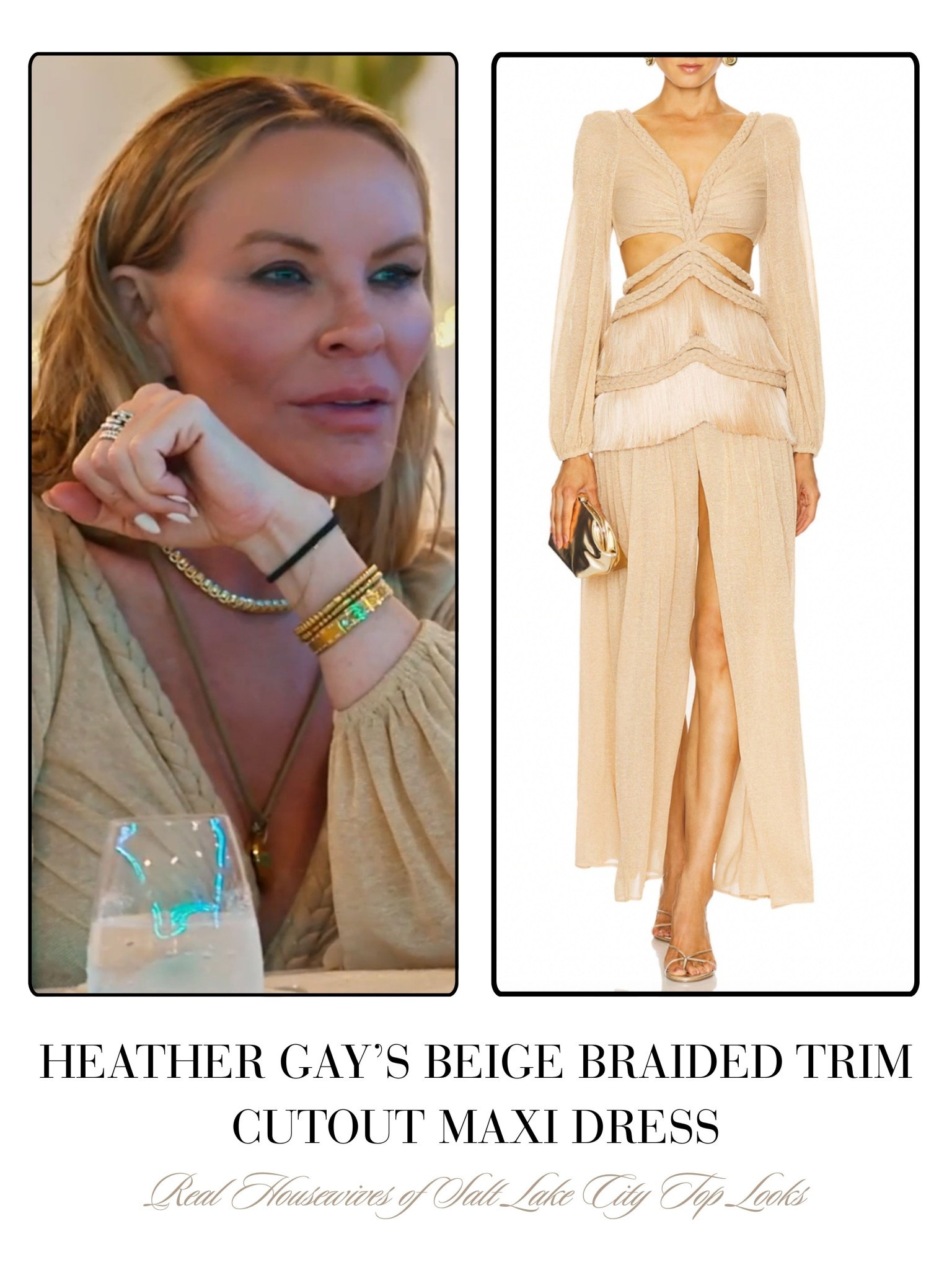Heather Gay’s Beige Braided Trim Cutout Maxi Dress