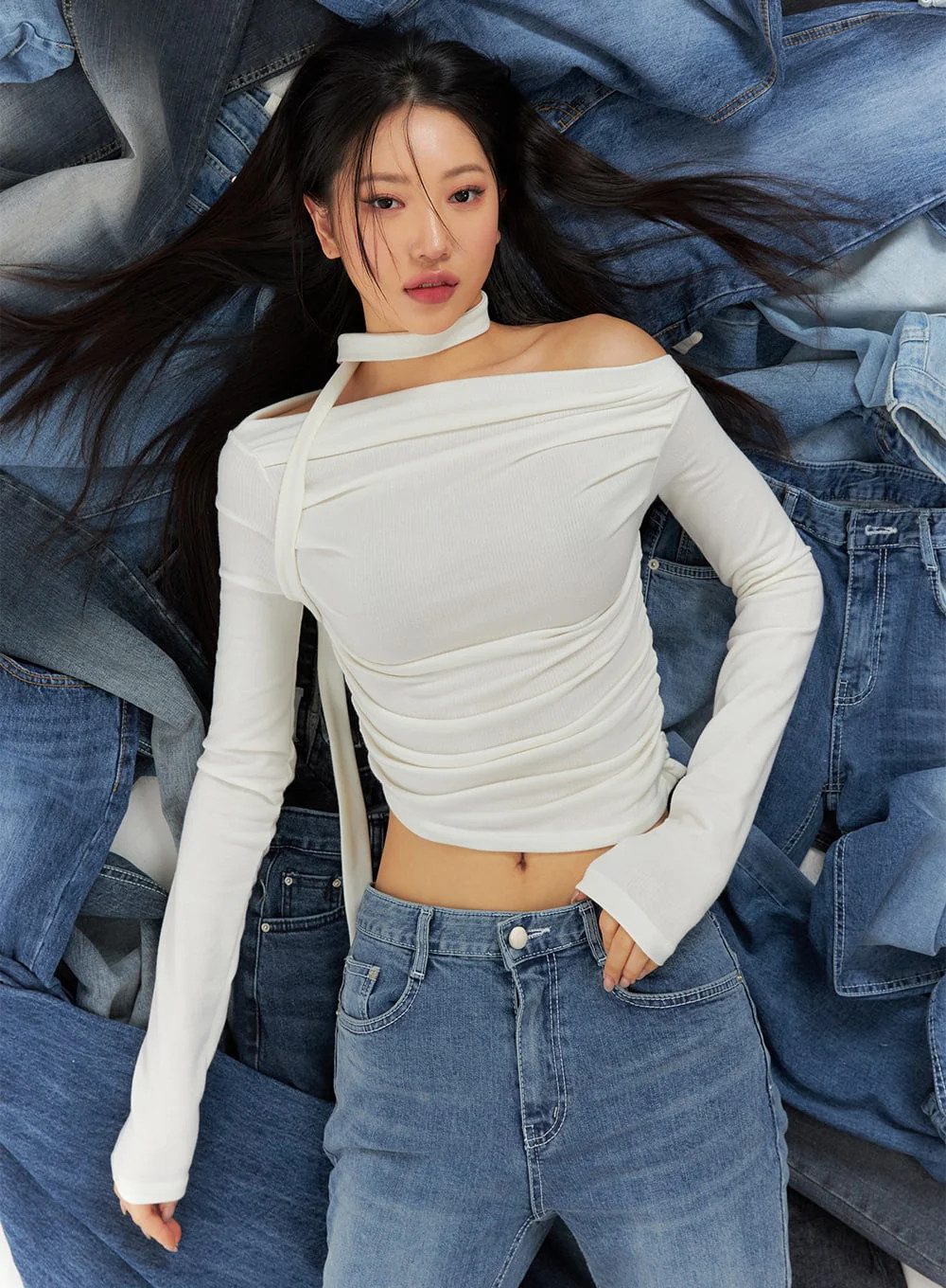 Ruched Off Shoulder Top with Scarf CJ425Light beige / S/M | Lewkin