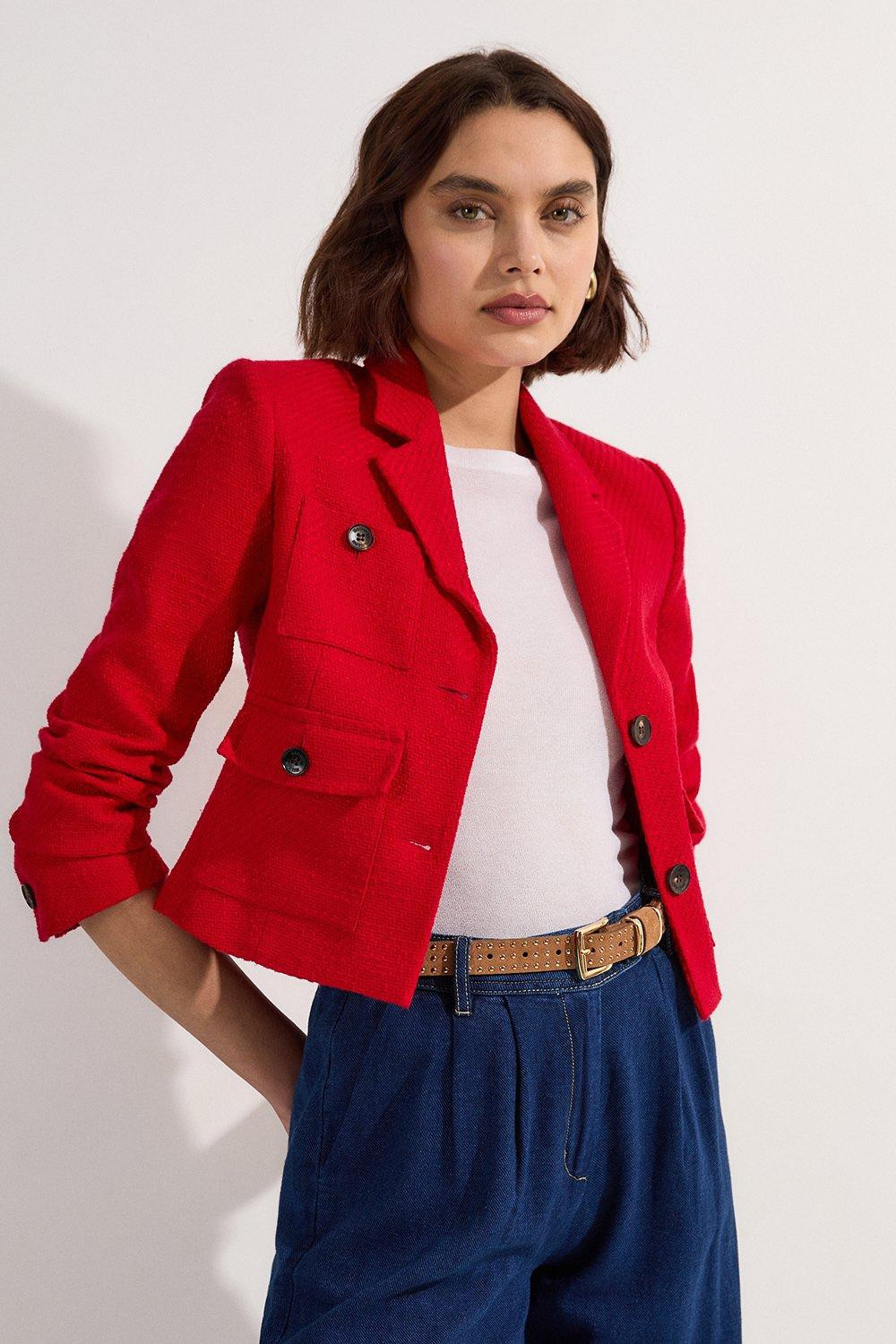 Textured Tweed Cropped Tailored Jacket | Karen Millen | Karen Millen UK + IE + DE + NL