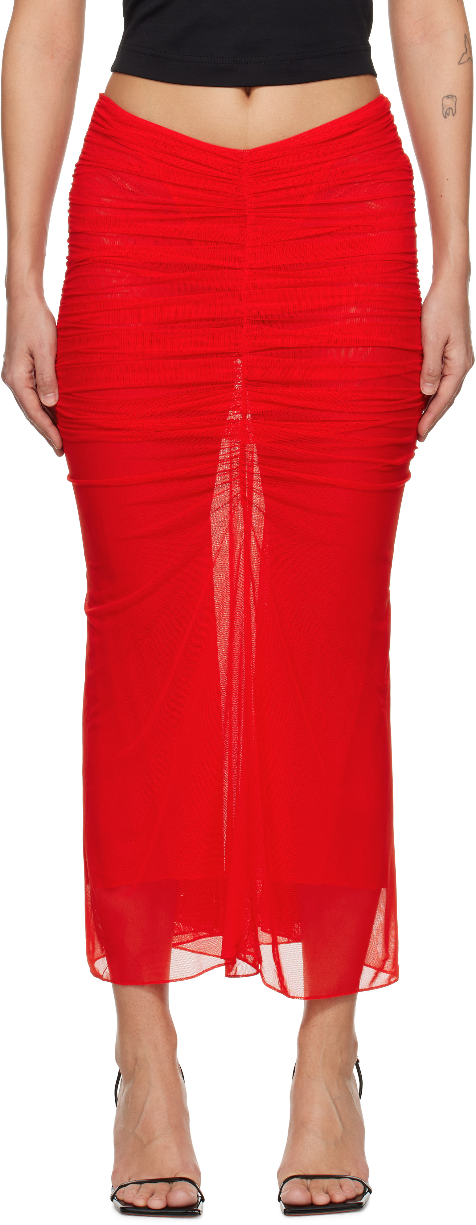 Mugler Red Ruched Mesh Midi Skirt | SSENSE