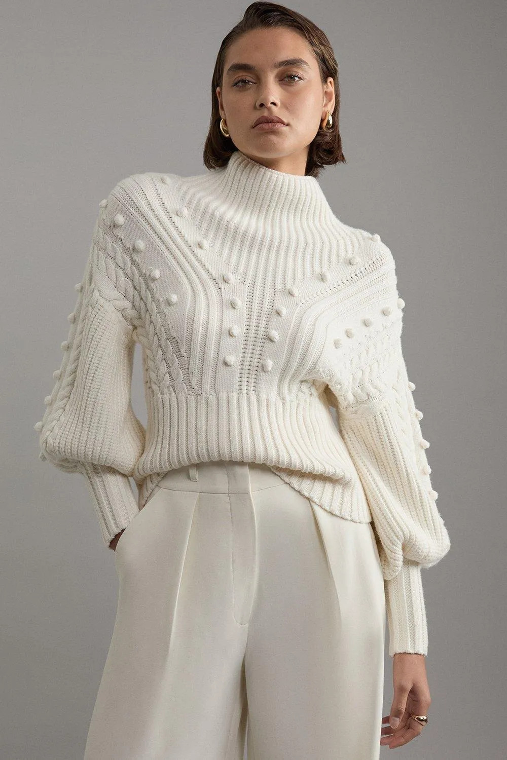Bobble Detail Balloon Sleeve Cable Knit Viscose Blend Jumper | Karen Millen UK + IE + DE + NL