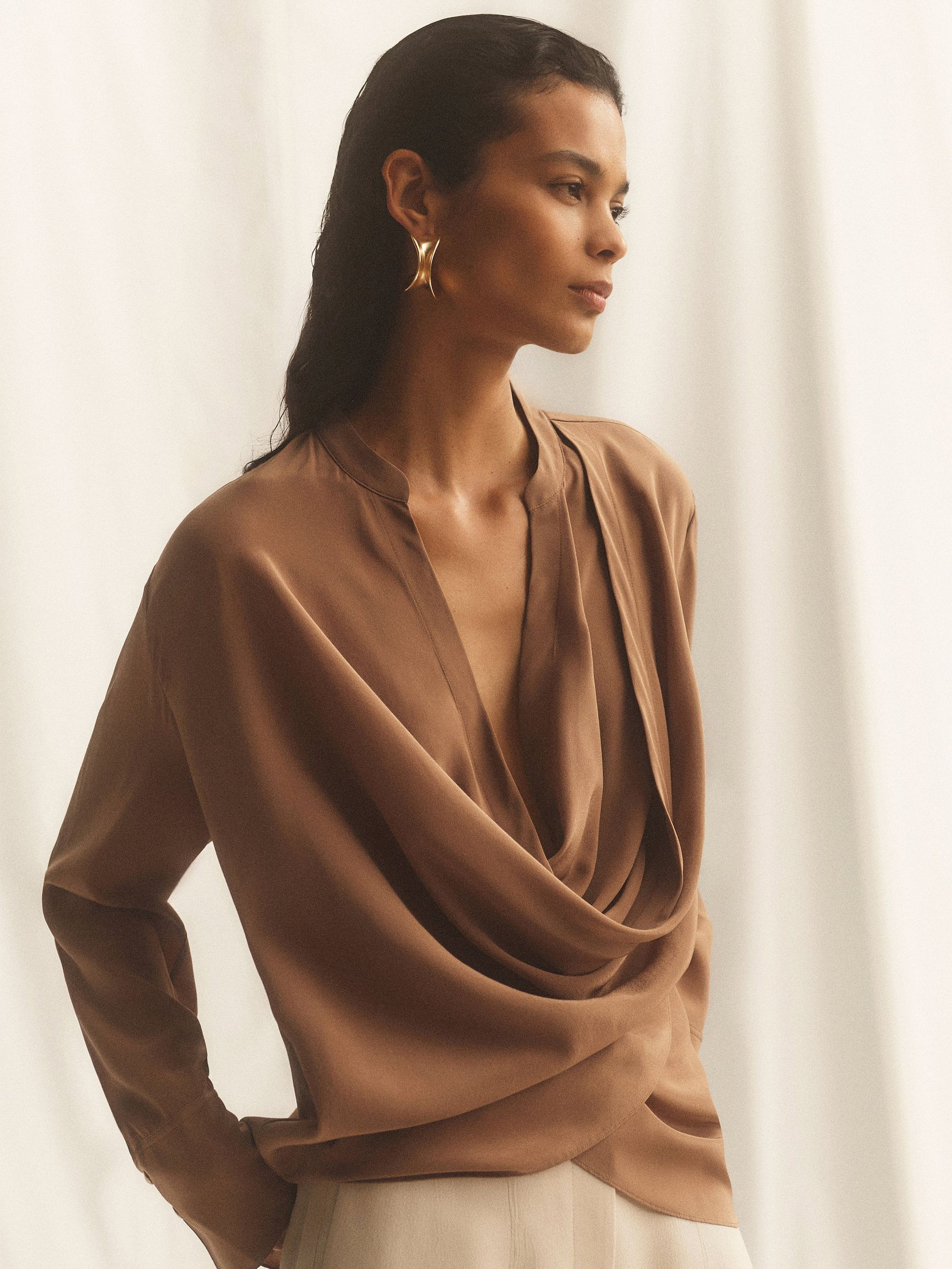 Reiss Matte Silk Draped Shirt in Camel - REISS | Reiss UK