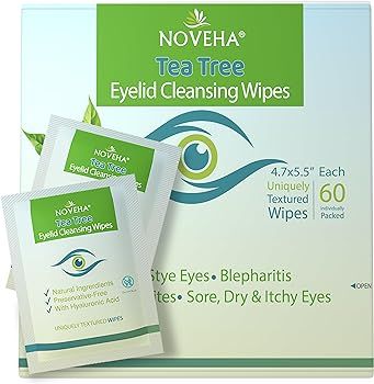 NOVEHA 60PCs Tea Tree Oil Eyelid & Lash Wipes | With Hyaluronic Acid, Green Tea & Chamomile For B... | Amazon (US)