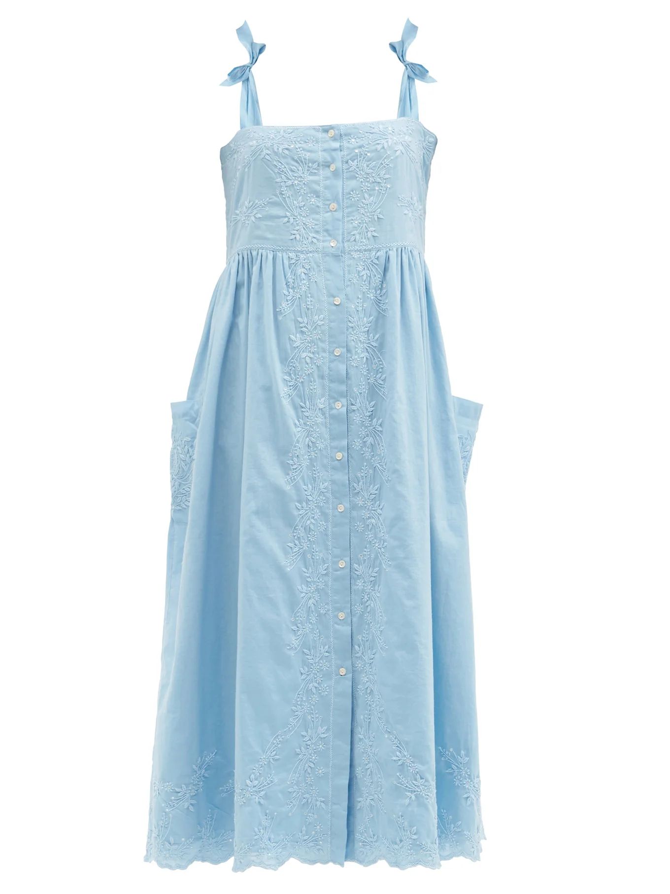 Tie-shoulder floral-embroidered cotton dress | Matches (US)