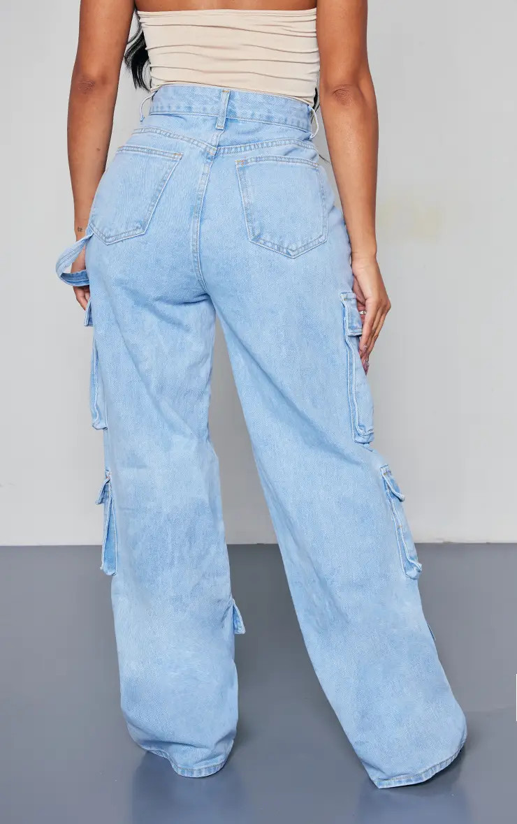 Shape Light Blue Wash Pocket Wide Leg Cargo Jeans | PrettyLittleThing UK