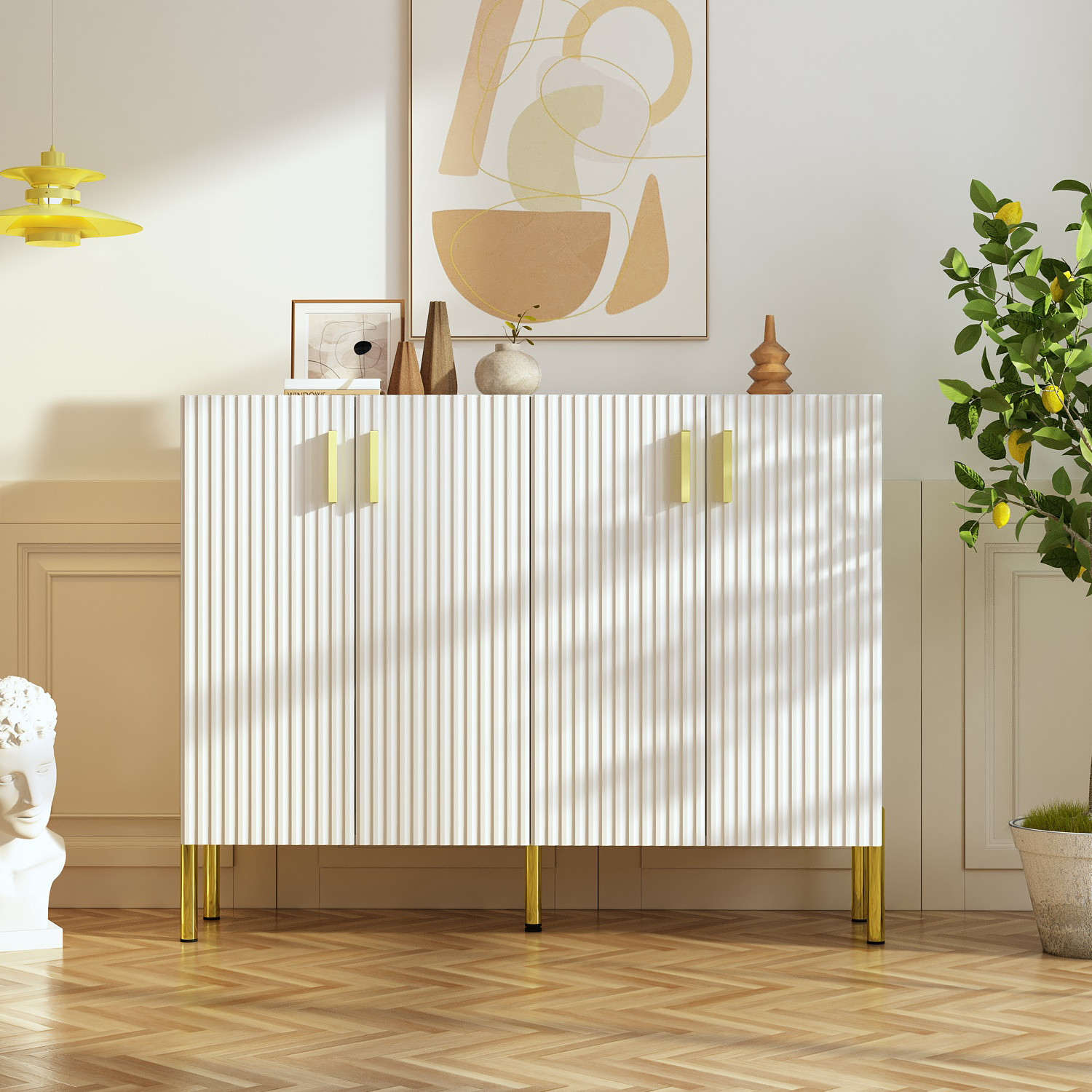 FUFU&GAGA Modern 4 Door Sideboard Buffet Cabinet for Hallway Entryway Kitchen, 47.2 Inch, White -... | Walmart (US)