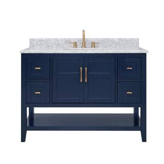 Sturgess Open Shelf 49 in. W x 22. D x 35. H Vanity in Navy Blue with White Marble Vanity Top | The Home Depot