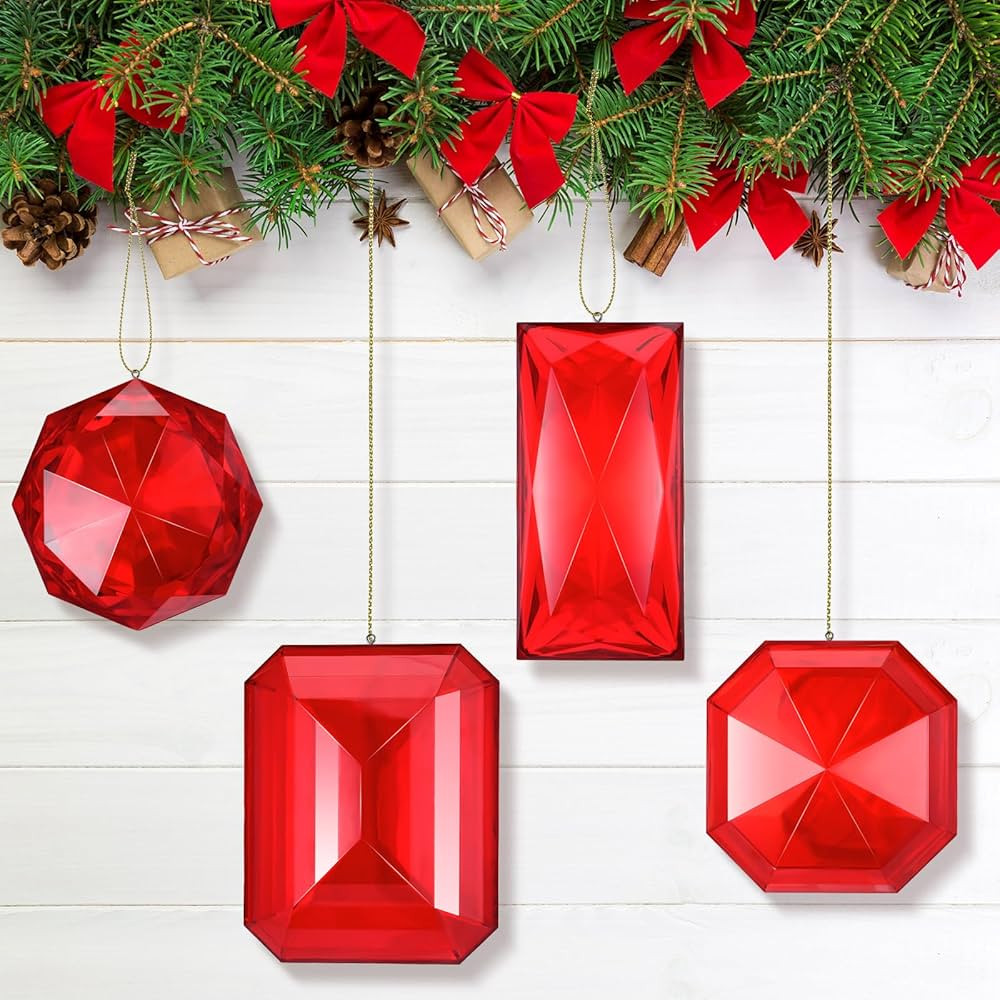 4 Pack Jewel Christmas Ornaments 3.9"- 6.2" Xmas Tree Hanging Ornaments Acrylic Rectangle Jewel H... | Amazon (US)