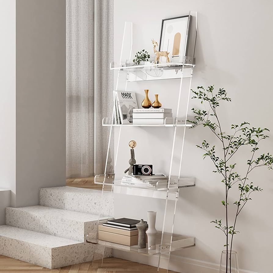 Acrylic Ladder Bookshelf, 4-Tier Clear Leaning Book Shelf, Large Unique Bookcase, Invisible Book ... | Amazon (US)