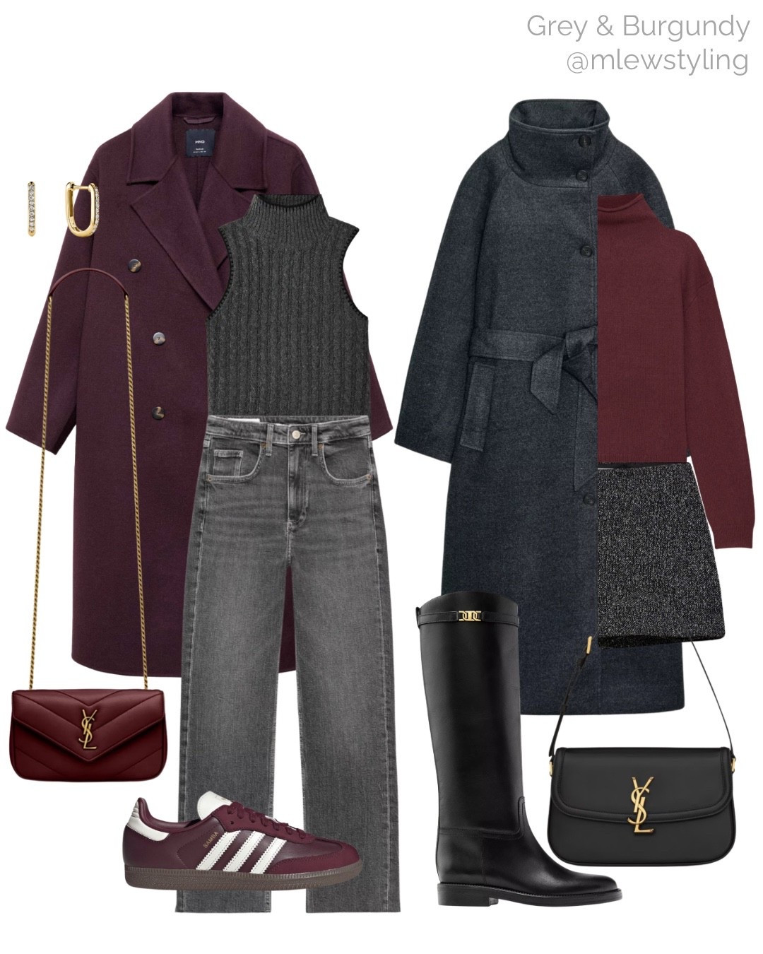 Burgundy & grey 🩶

Tags: burgundy coat, fall outfit grey jeans, ysl wallet on chain, burgundy adidas sambas, sleeveless turtleneck sweater, grey belted wool coat, autumn outfit, burgundy jumper, dark grey shirt, black riding boots, yves saint Laurent shoulder bag, elevated everyday look

#LTKSeasonal #LTKShoeCrush #LTKItBag