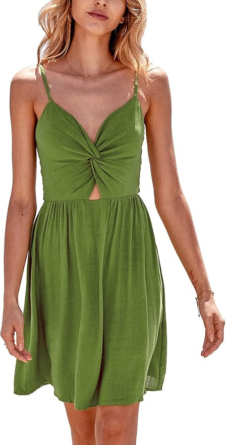 CUPSHE Smocked Slip Mini Dress for Women Summer Beach Dress Spaghetti Strap Cut Out V Neck Short ... | Amazon (US)