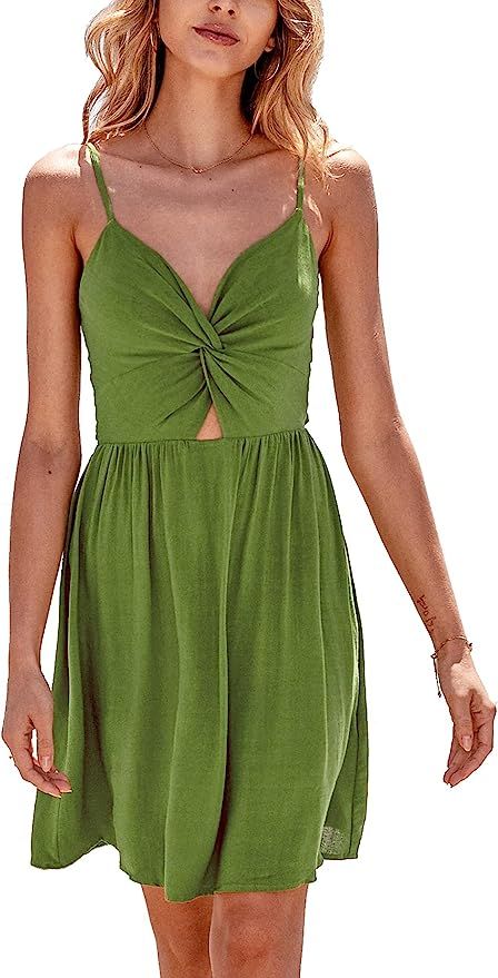 CUPSHE Smocked Slip Mini Dress for Women Summer Beach Dress Spaghetti Strap Cut Out V Neck Short ... | Amazon (US)