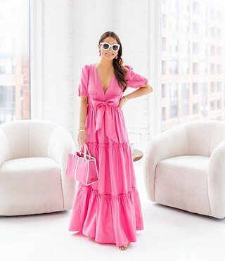 SAIL to SABLE x Style Charade V-Neck Short Puff Sleeve Empire Tie Waist Tiered A-Line Maxi Dress ... | Dillard's