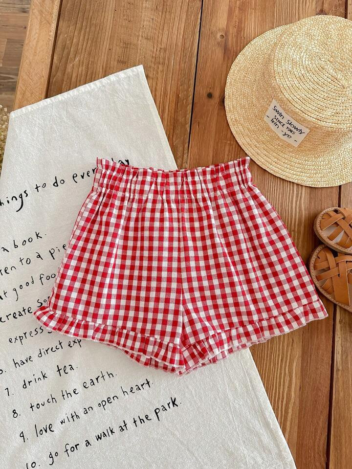 SHEIN LMoss Kids LMoss Baby Girl Casual Red Plaid Elastic Waist Shorts, Summer | SHEIN