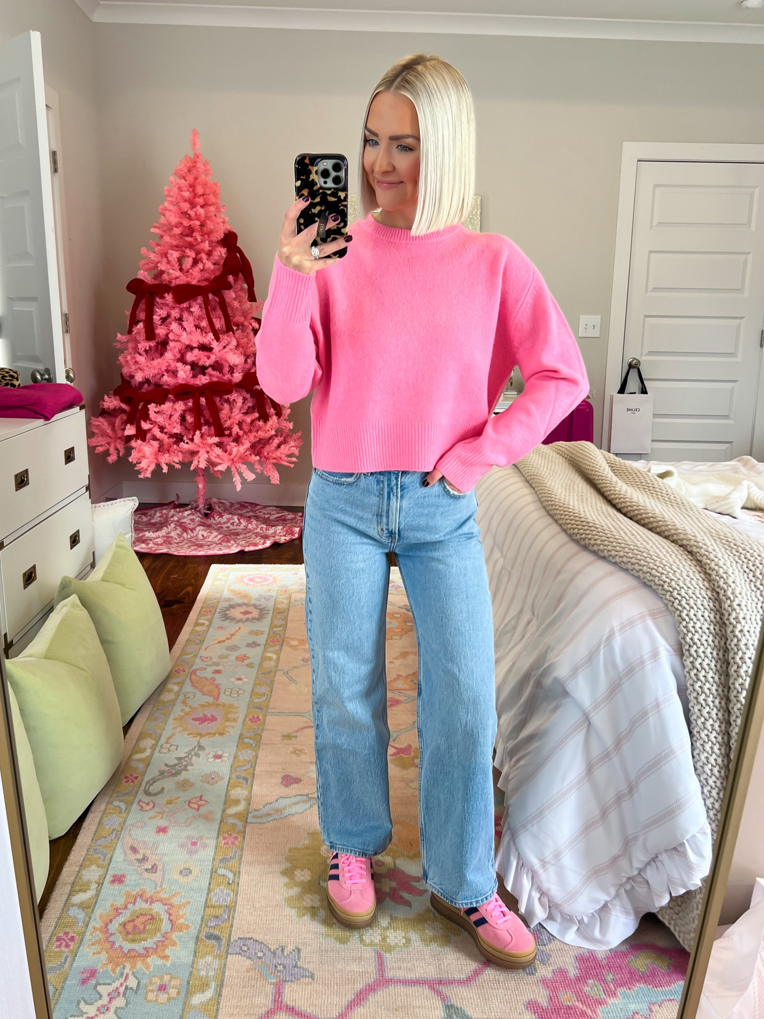 High rise 90s relaxed jean (size: 24 extra short) / pink cozy knit crewneck pullover sweater (XS) / pink glow gum adidas gazelle bold sneakers (size: 6.5, size down one) / casual colorful fall outfit 

#LTKHoliday