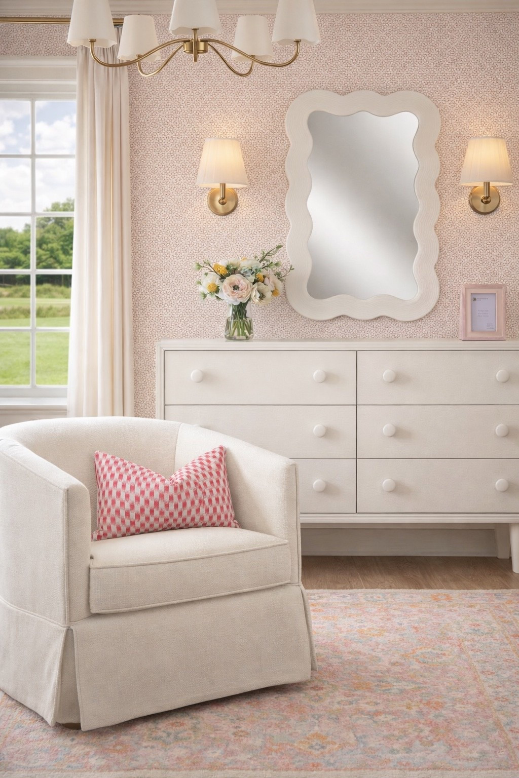 A girly space with scalloped details and pops of pink 

#chair #homedecor #bedroom #wallpaper 

#LTKKids #LTKSaleAlert #LTKHome