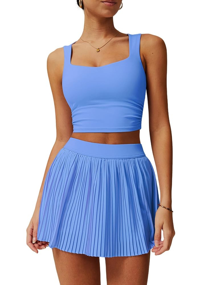 BOCIW 2 Piece Tennis Dresses for Women High Waisted Pleated Skirt Sets Square Neck Workout Crop T... | Amazon (US)