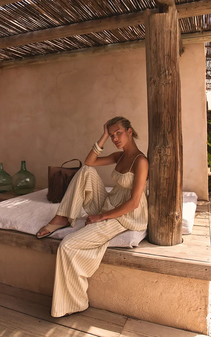 Yellow Pinstripe Cotton Elasticated Trousers | PrettyLittleThing UK