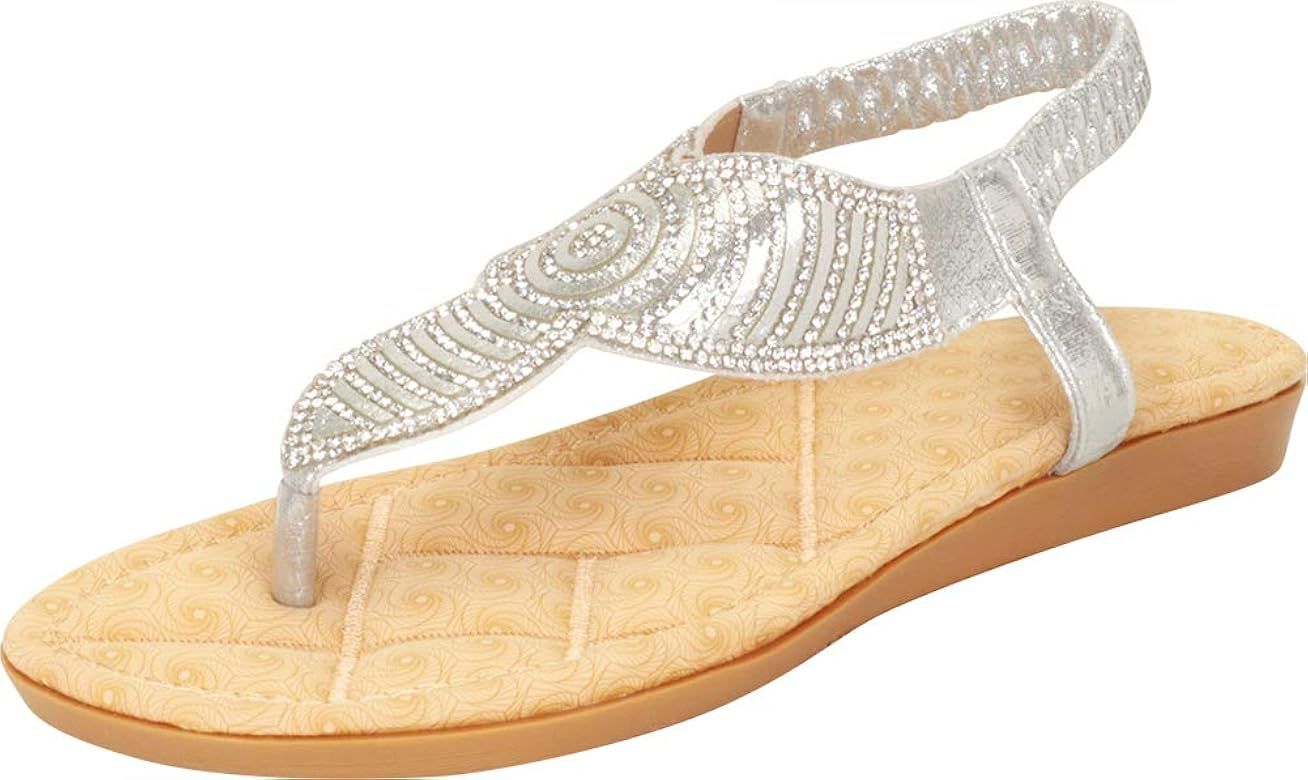Cambridge Select Women's T-Strap Thong Crystal Rhinestone Glitter Stretch Slingback Flat Sandal | Amazon (US)