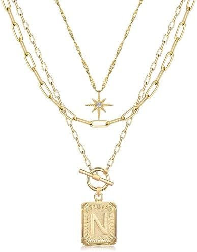 MJartoria Layered Initial Necklaces for Women Trendy, 14K Gold Plated Brass Simple Star Choker Sq... | Amazon (US)