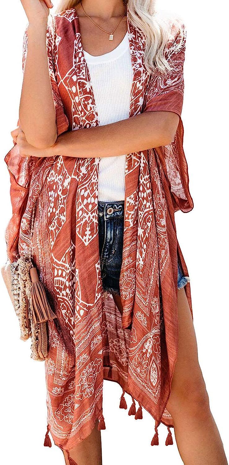CANIKAT Womens Fashion Print Tassel Kimono Casual Loose Open Front Cardigan Beach Cover Up | Amazon (US)