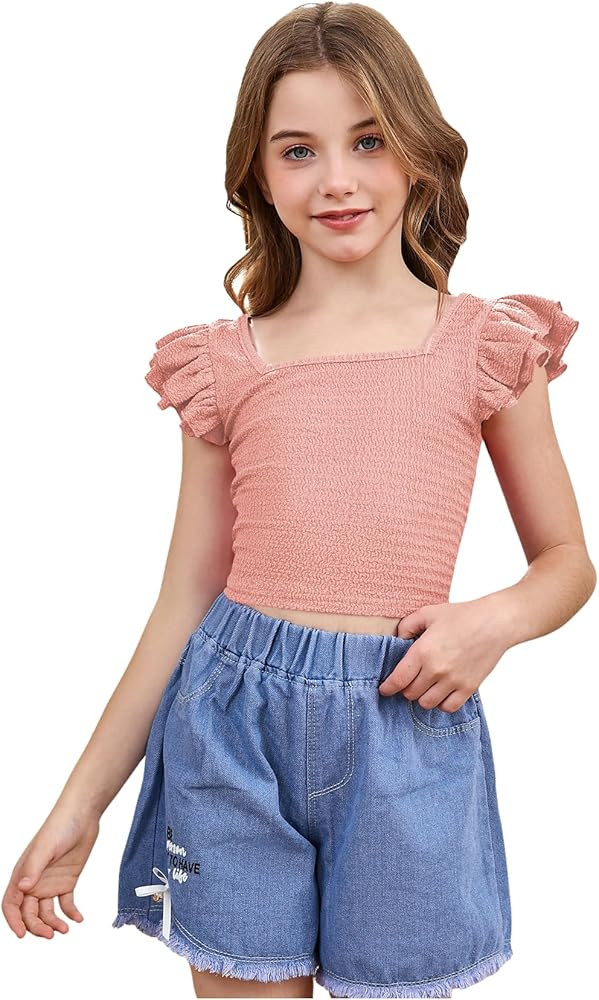 OYOANGLE Girl's Casual Solid Ruffle Trim Cap Sleeve Square Neck Cute Crop Tank Tops T-Shirts | Amazon (US)