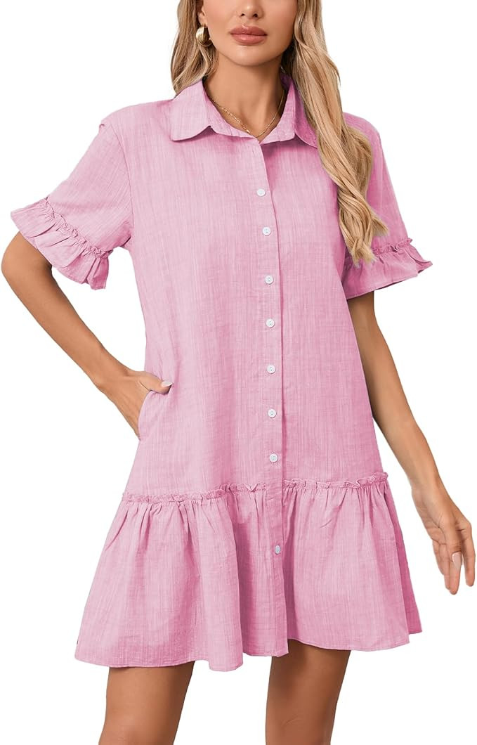 YEXPINE Women's 2026 Summer Casual Shirt Dress Drop Waist Ruffle Mini Dress with Pockets | Amazon (US)