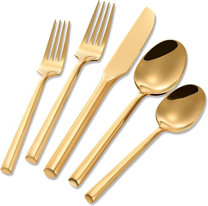 Silverware Set Gold Brass Heavy Vintage Flatware 20 Pieces Hexagon Handle Stainless Steel Cutlery... | Amazon (US)