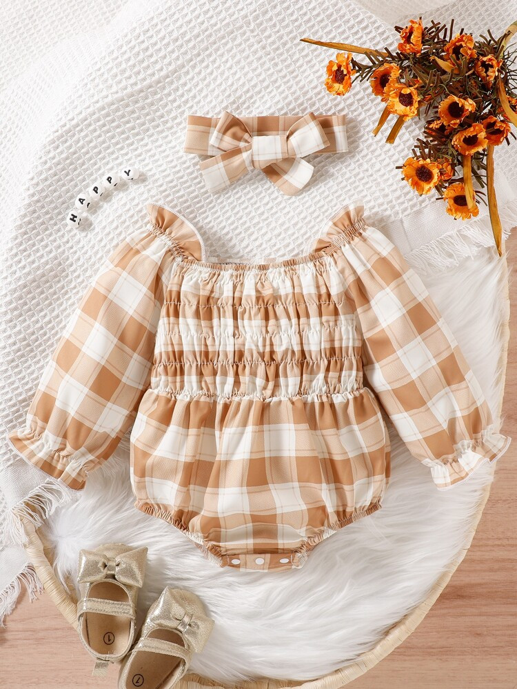 Baby Plaid Shirred Frill Trim Flounce Sleeve Bodysuit With Headband | SHEIN