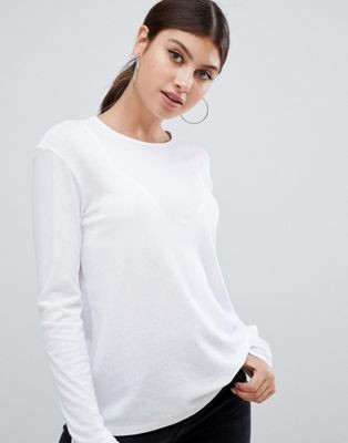 ASOS DESIGN – Langärmliges, weißes Oberteil in Leinenoptik mit Rundhalsausschnitt | ASOS DE