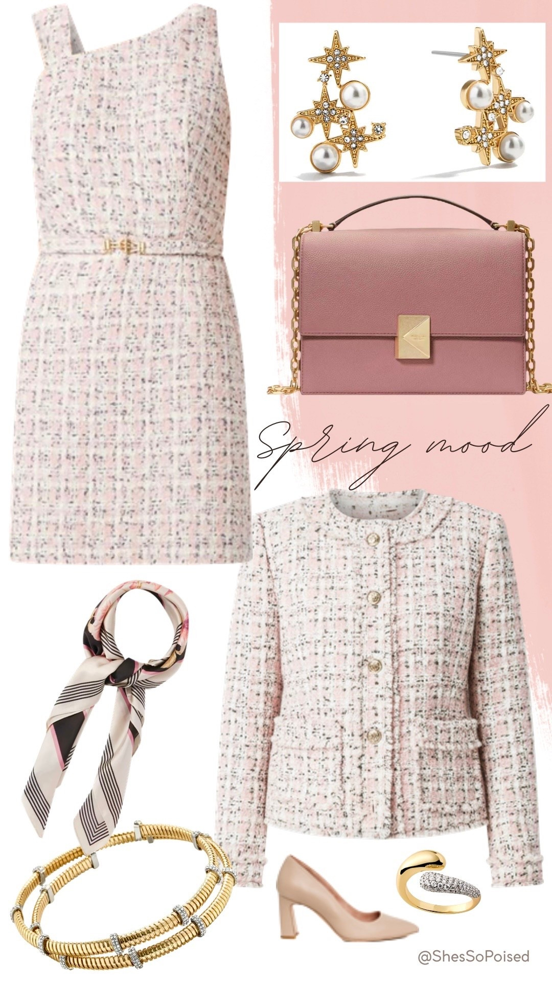 Spring vibes - New WHBM elegant tweed dress and jacket in pale pink. The asymmetrical neckline of the dress is really pretty. The bracelet, earrings, ring and heels are from Nordstrom. The rose handbag is Kate Spade from Macy’s.  

#LTKootd