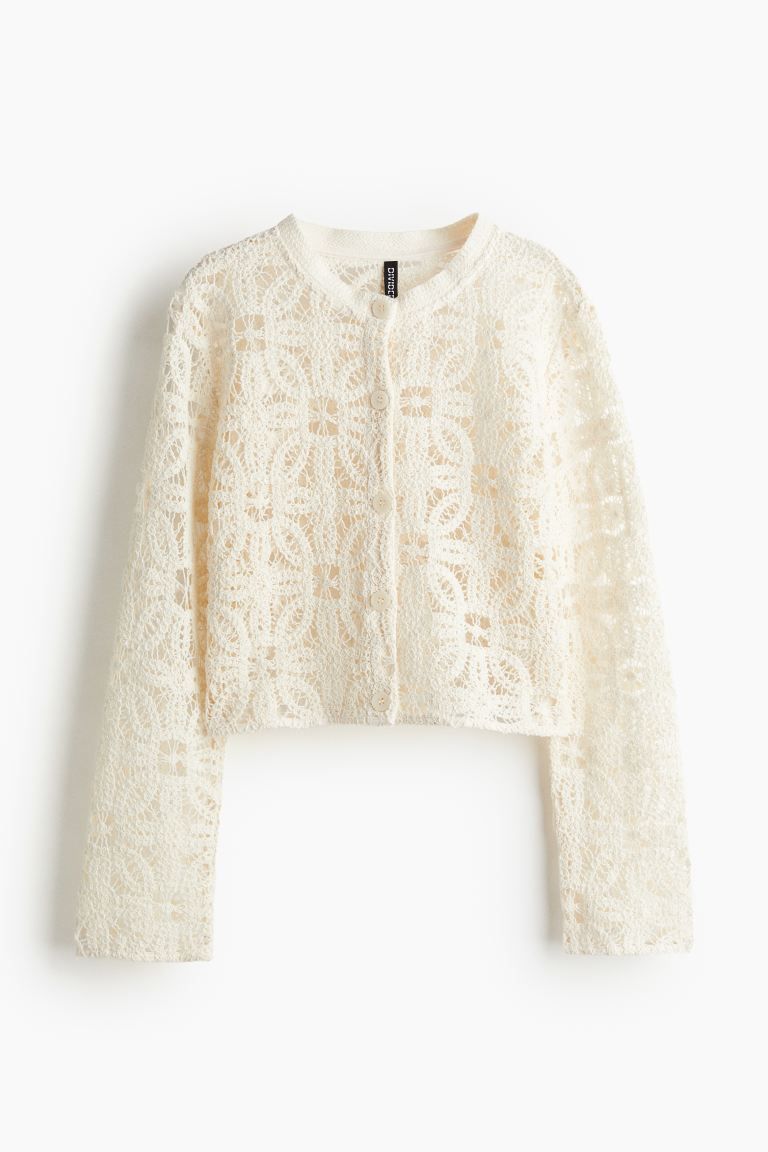 Crochet-look cardigan - Round neck - Long sleeve - Natural white - Ladies | H&M GB | H&M (UK, MY, IN, SG, PH, TW, HK)